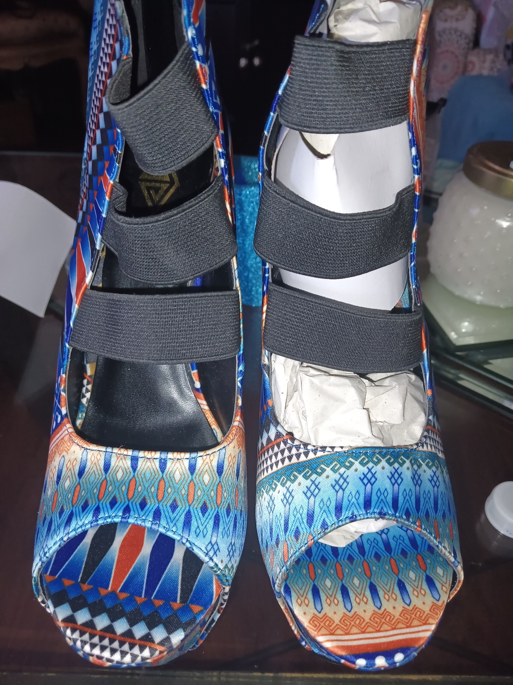 Athena Blue Orange Patterned Peep-Toe Platform Heels